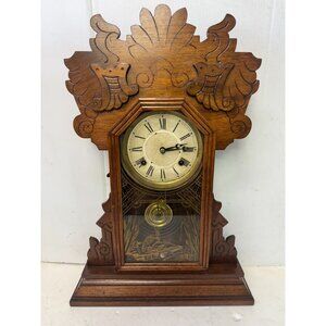 Antique Waterbury Clock Attleboro Clock Co. Gingerbread Oak Shelf Mantle Clock